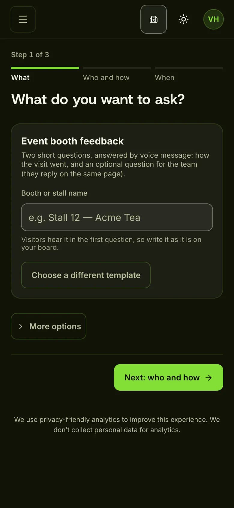 Studio Ask screen using the Event booth feedback template, with a booth name field and a Next button