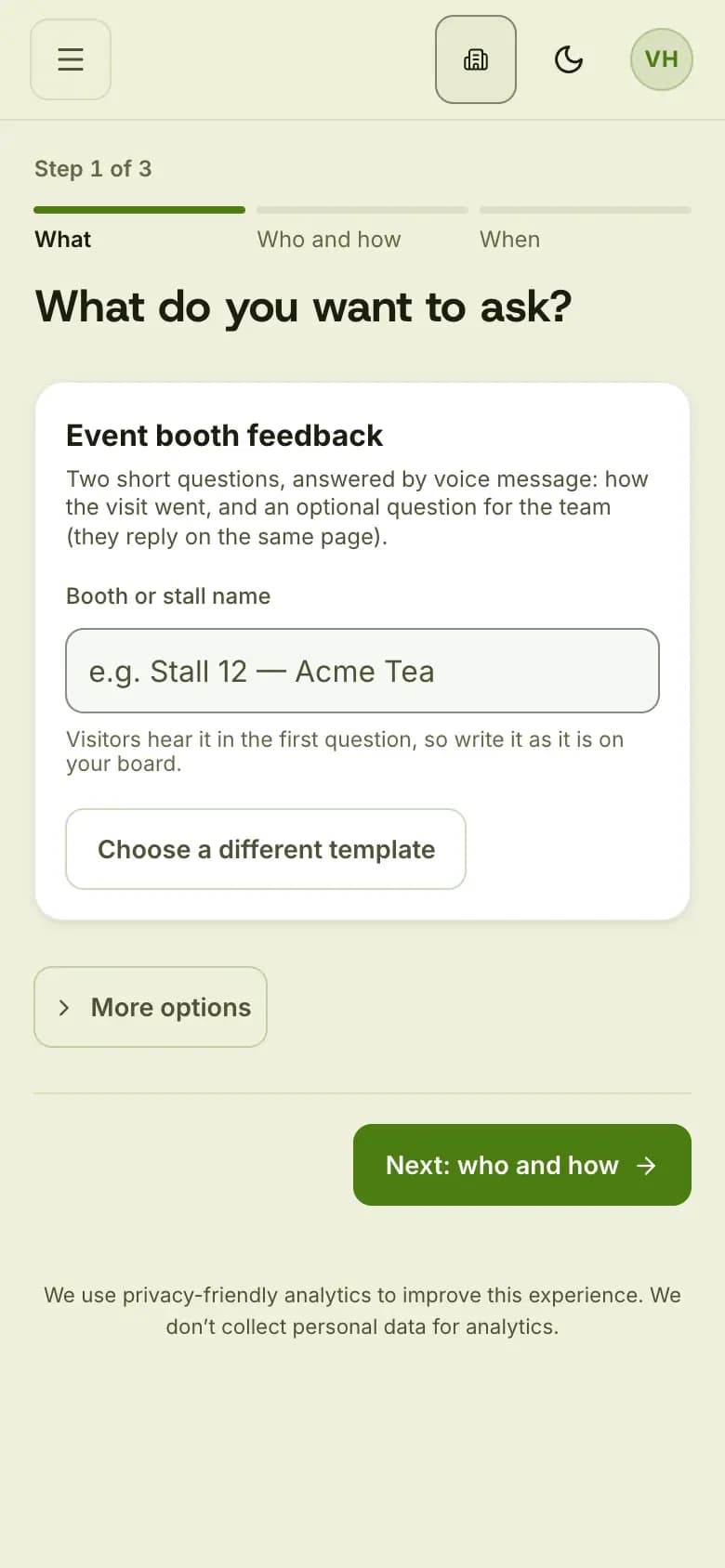 Studio Ask screen using the Event booth feedback template, with a booth name field and a Next button