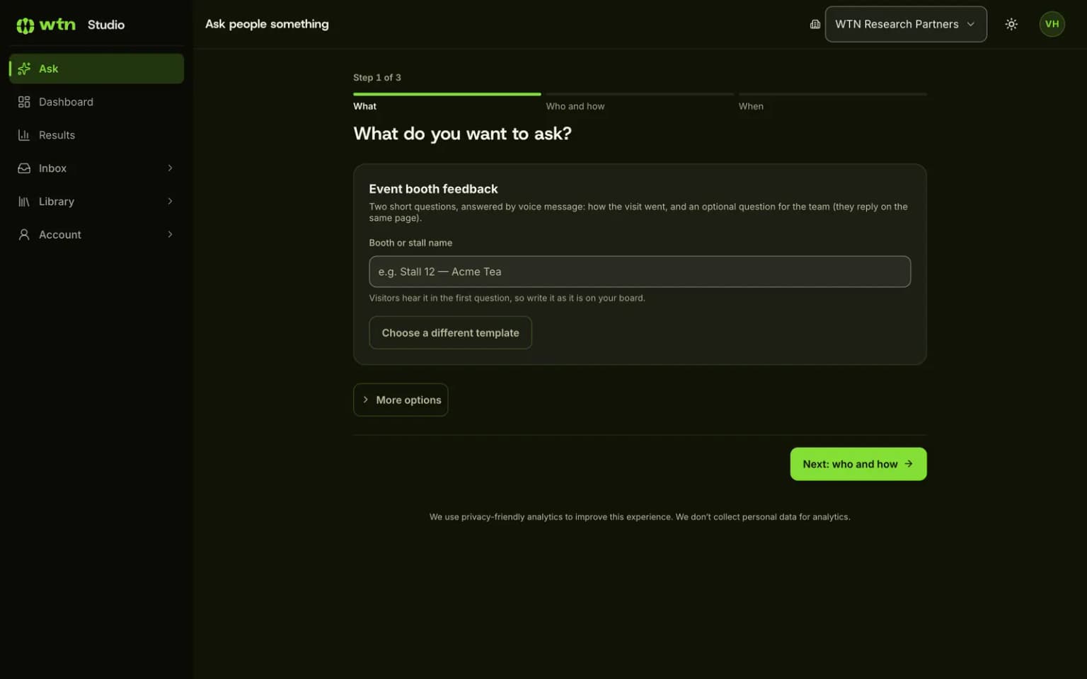 Studio Ask screen using the Event booth feedback template, with a booth name field and a Next button