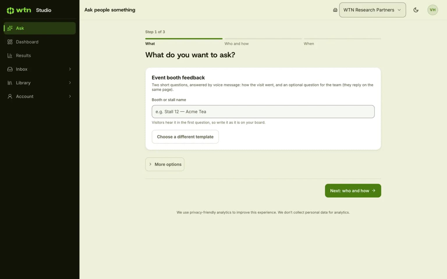 Studio Ask screen using the Event booth feedback template, with a booth name field and a Next button
