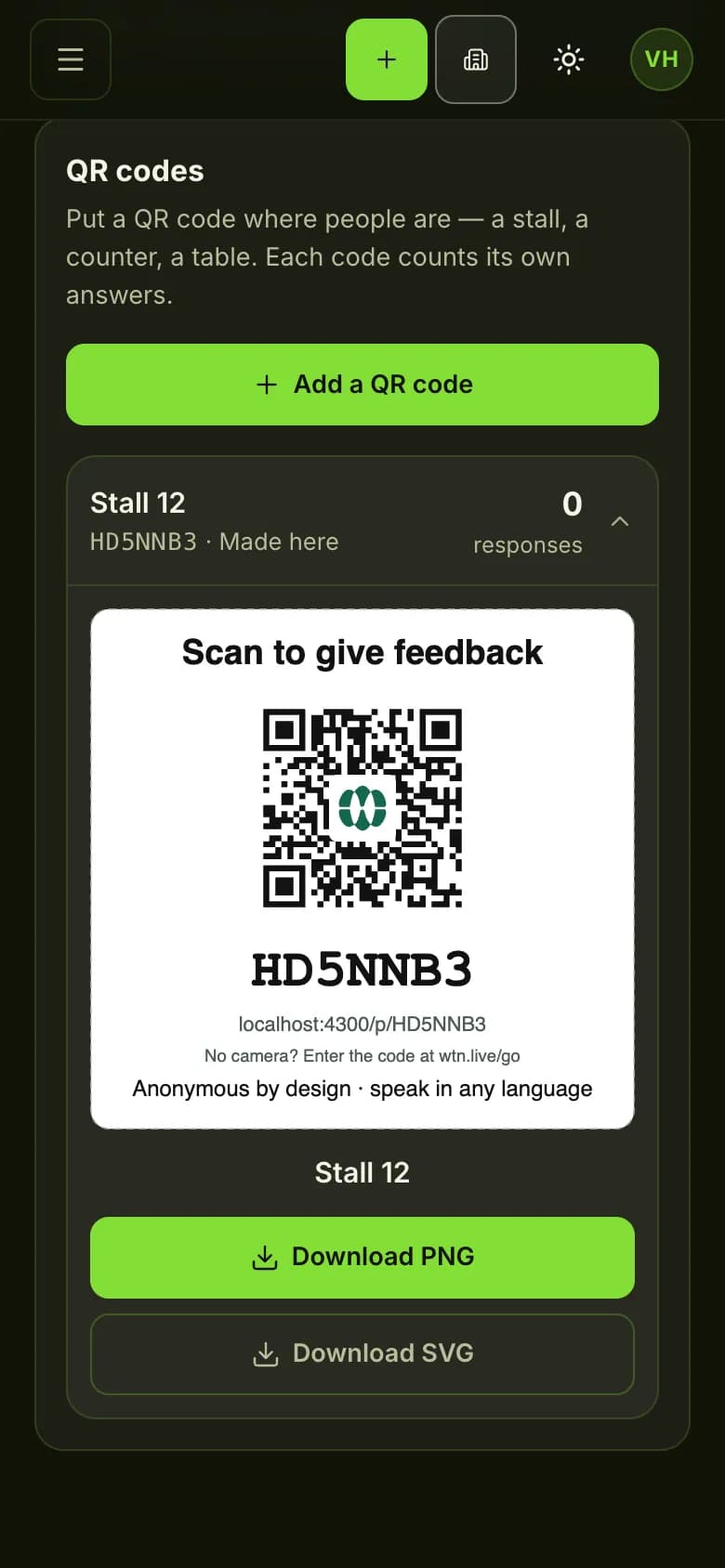 Studio QR codes panel with a ready QR code named Stall 12 and a Download PNG button
