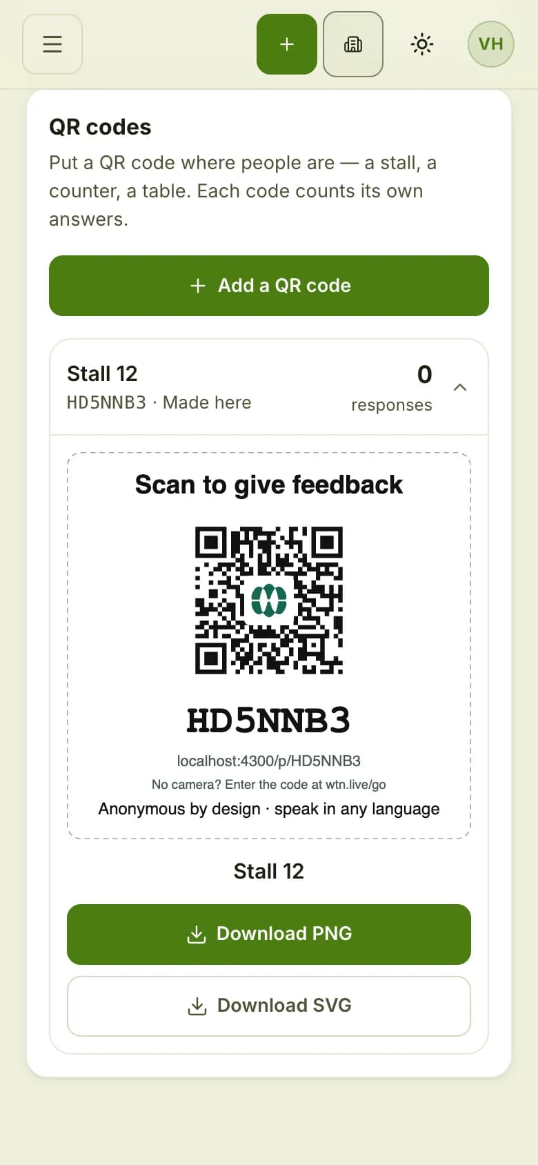 Studio QR codes panel with a ready QR code named Stall 12 and a Download PNG button
