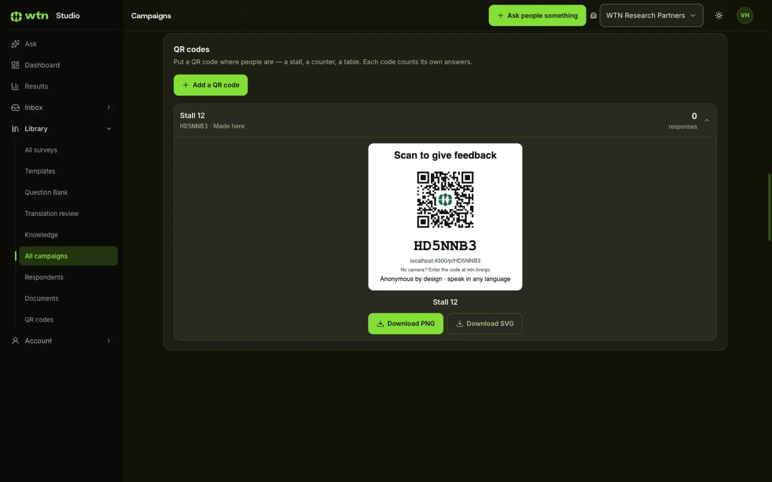 Studio QR codes panel with a ready QR code named Stall 12 and a Download PNG button