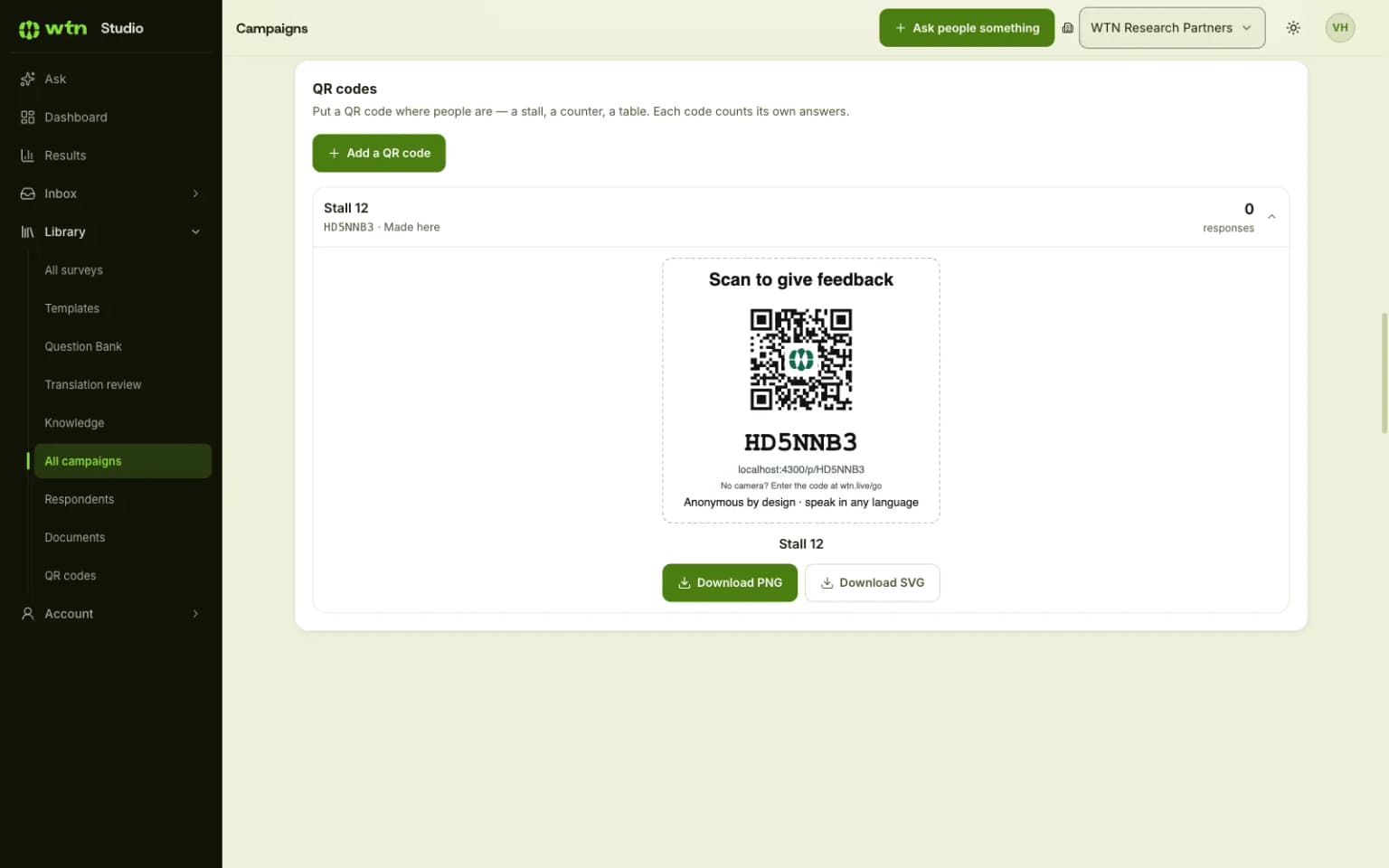 Studio QR codes panel with a ready QR code named Stall 12 and a Download PNG button