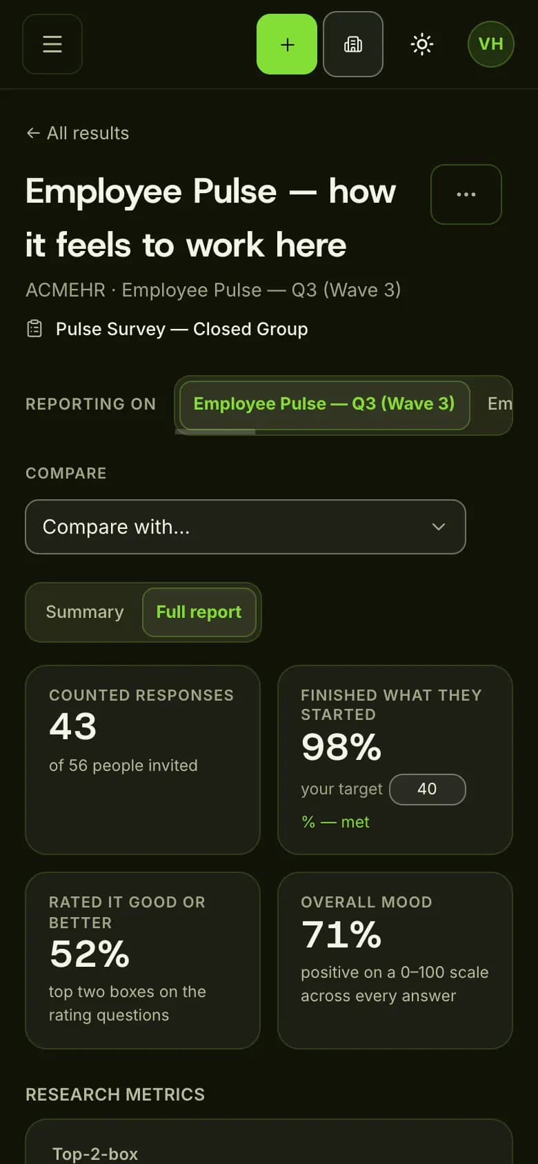Studio full report with 43 counted responses, 98 percent finished, 52 percent rated it good or better and an overall mood of 71 percent