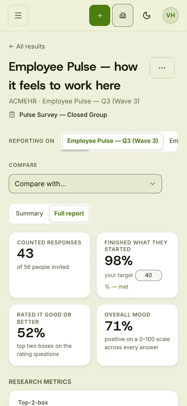 Studio full report with 43 counted responses, 98 percent finished, 52 percent rated it good or better and an overall mood of 71 percent