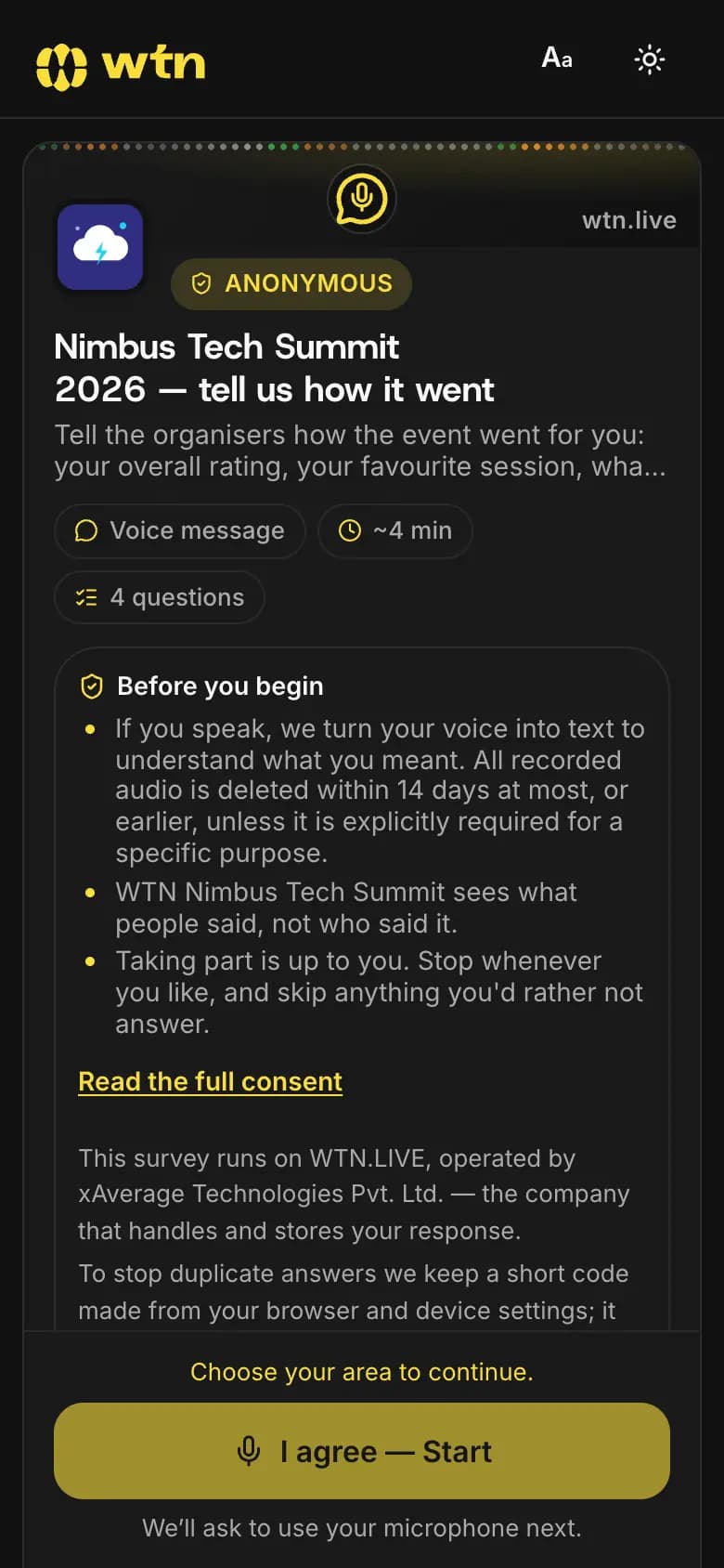 The respondent page on a phone: the survey title, a short privacy note and an I agree, Start button