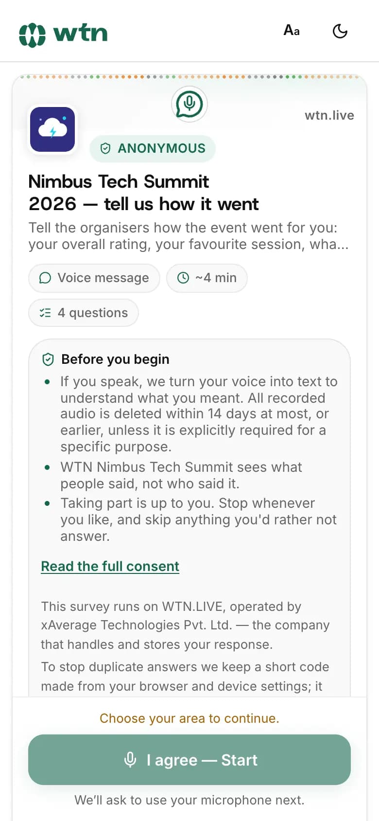 The respondent page on a phone: the survey title, a short privacy note and an I agree, Start button