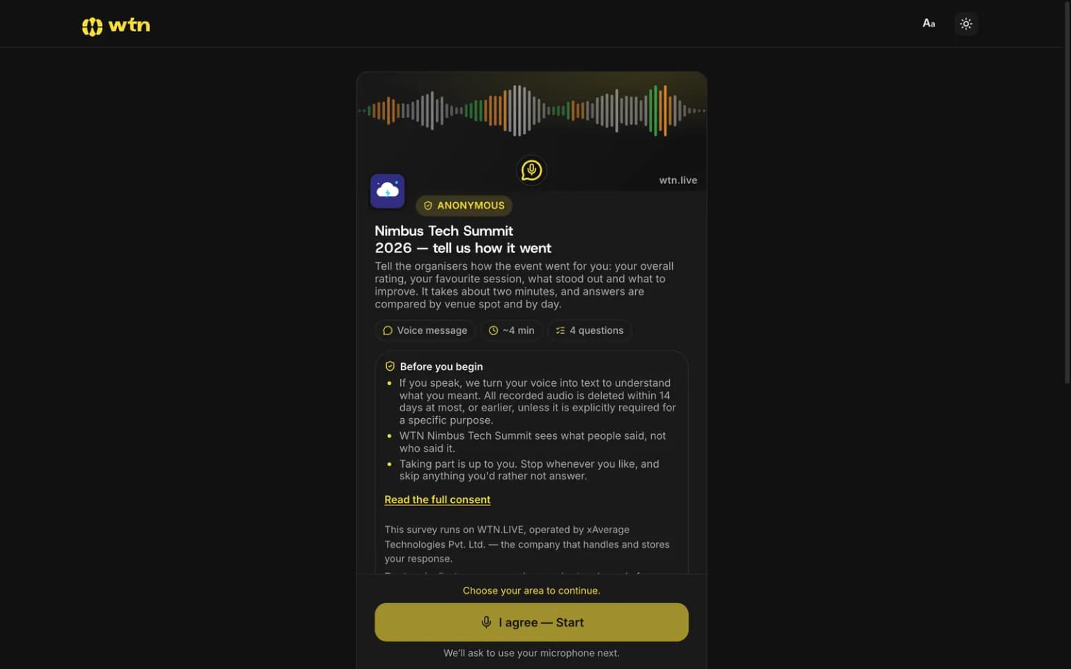 The respondent page on a phone: the survey title, a short privacy note and an I agree, Start button