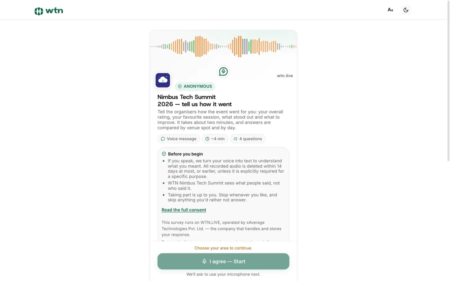 The respondent page on a phone: the survey title, a short privacy note and an I agree, Start button