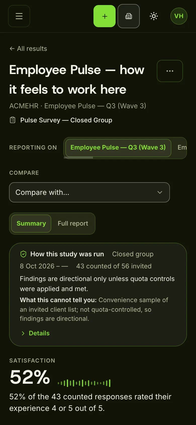 Studio results summary showing how the study was run, a satisfaction score of 52 percent and an executive summary