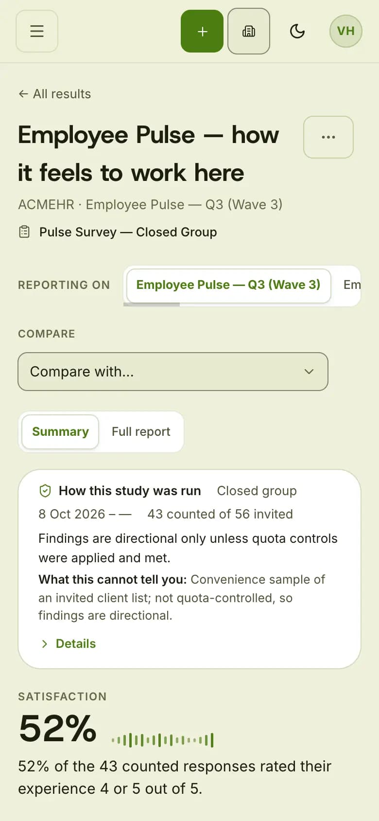 Studio results summary showing how the study was run, a satisfaction score of 52 percent and an executive summary