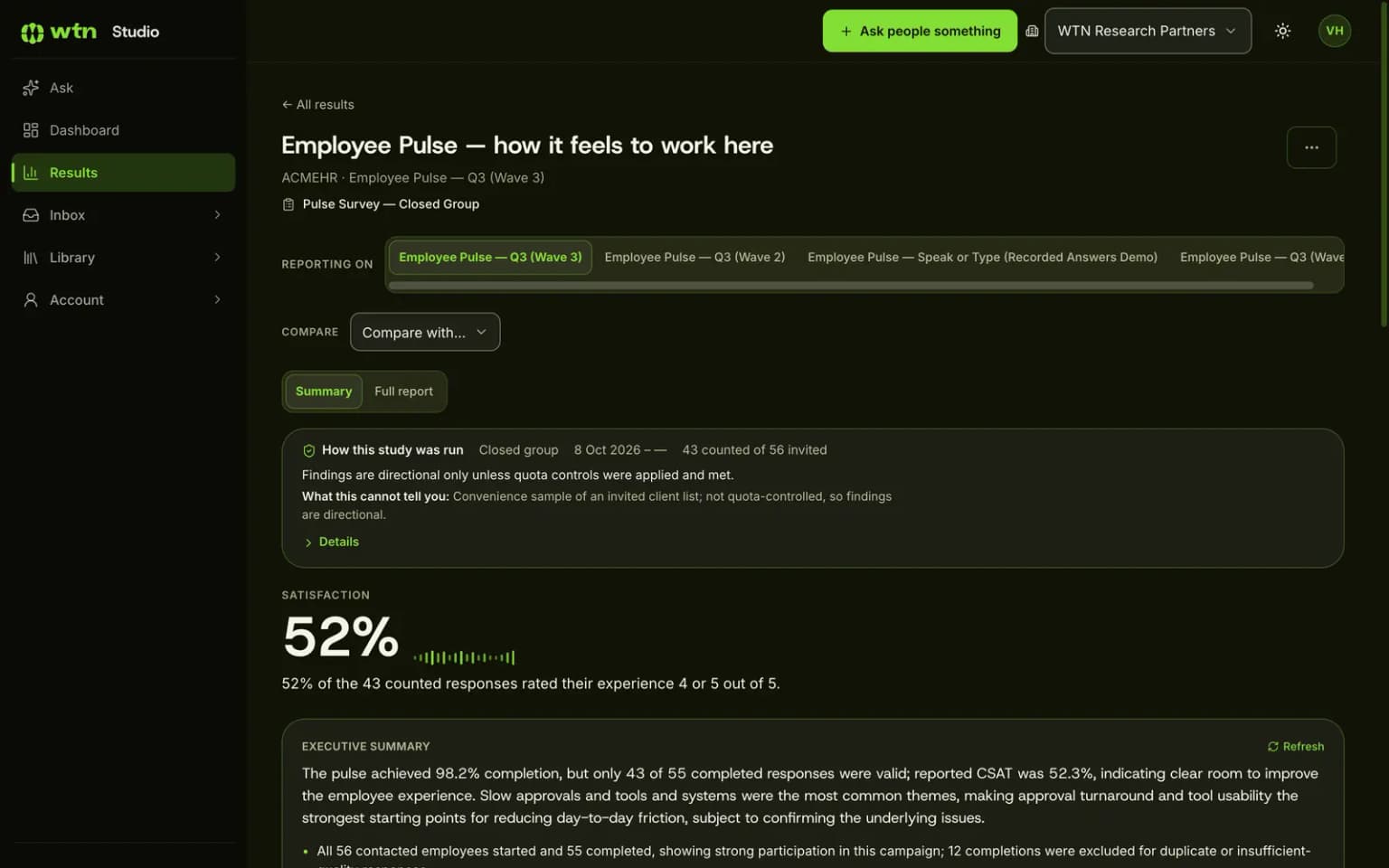 Studio results summary showing how the study was run, a satisfaction score of 52 percent and an executive summary