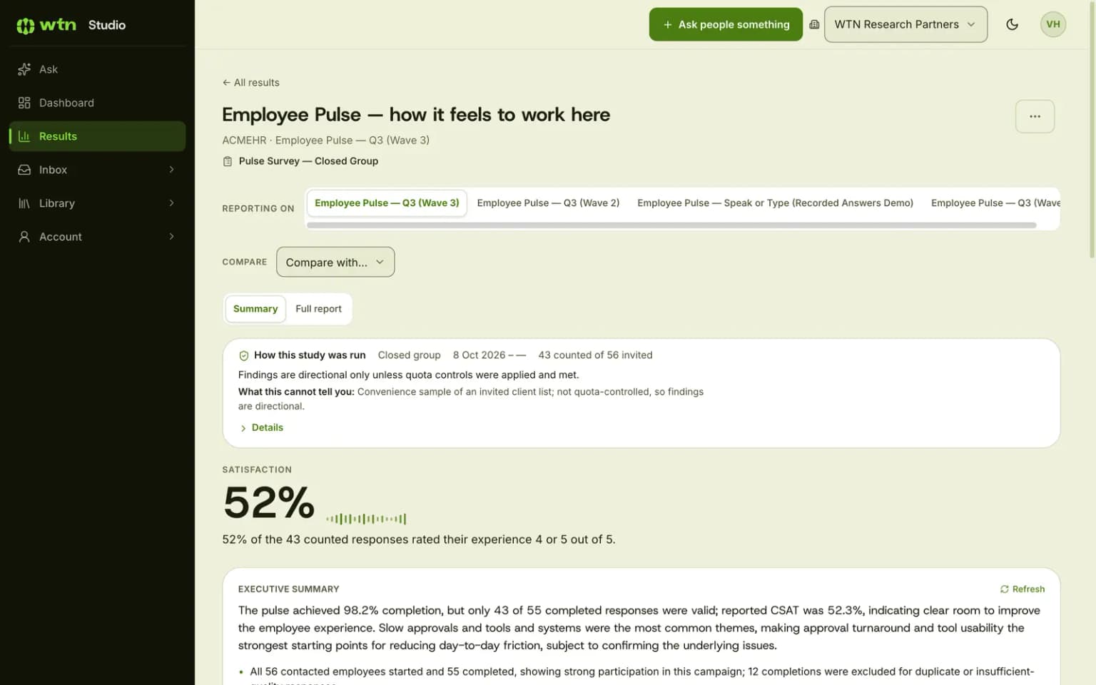 Studio results summary showing how the study was run, a satisfaction score of 52 percent and an executive summary
